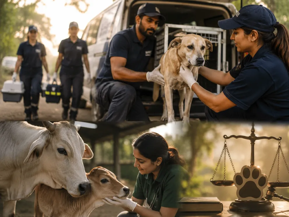 Volunteers coordinating a rescue operation for a distressed animal
