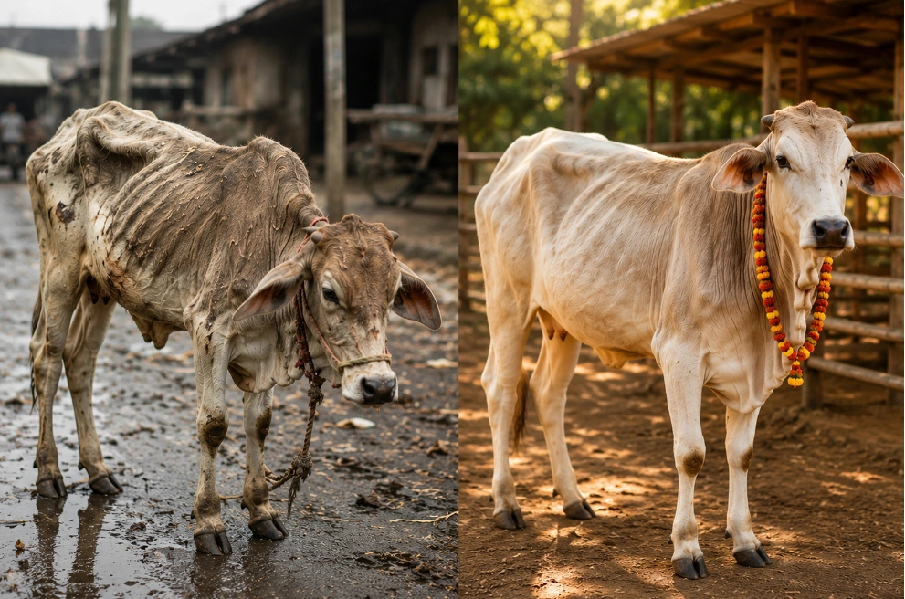 Rescued Gau Mata cared for at Ashray Gau Sewa Sansthan